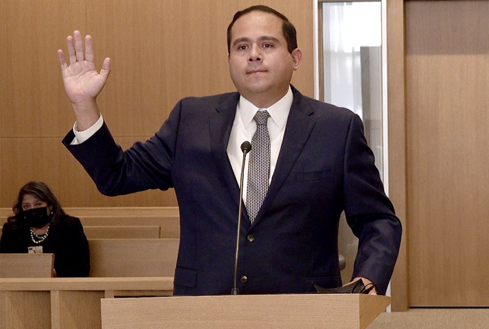 Cuauhtemoc Ortega is sworn in as the federal public defender of the Central District of California on Oct. 15, 2020.