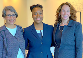 Sturdivant at the 2021 Lindsay Fellowship graduation with Magistrate Judge Judith G. Dein (left) and Alexis Smith Hamdan, the former Lindsay legal research and writing instructor. Sturdivant took over from Hamdan as the instructor.
