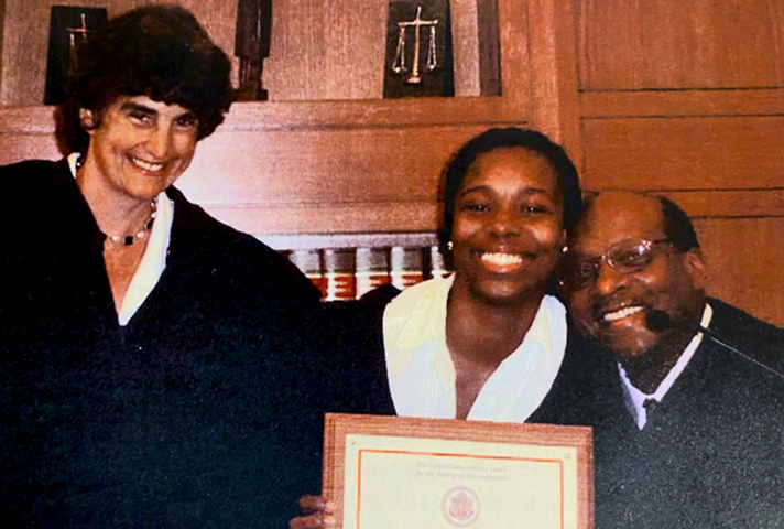 Sturdivant with Judge Patti B. Saris and the late Judge Reginald C. Lindsay in 2008, when Sturdivant was a Nelson Fellowship coordinator.
