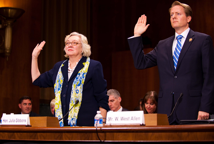 Judge Julia S. Gibbons and W. West Allen testifying in 2013