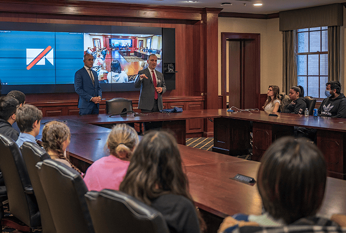U.S. Attorney Damian Williams and U.S. Circuit Judge Joseph F. Bianco teach students about the federal judicial system at the Thurgood Marshall U.S. Courthouse in New York City.